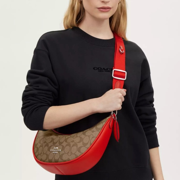 New❤️Coach Aria Shoulder Bag In Signature Canvas Red/Brown - Picture 1 of 5